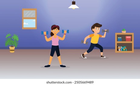 man and woman exercise with dumbbel in home for health illustration soft bright color design