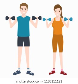 Man and Woman exercise with dumbell icon illustration