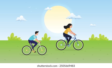 man and woman exercise with ride bicycle for health outdoor park in morning cool light, flat illustration design