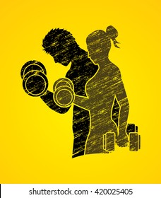 Man and Woman exercises with dumbbell designed using grunge brush graphic vector