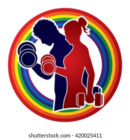 Man and Woman exercises with dumbbell designed on lin rainbows background graphic vector