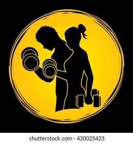 Man and Woman exercises with dumbbell designed on moonlight background graphic vector