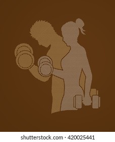 Man and Woman exercises with dumbbell designed using dot pixels graphic vector
