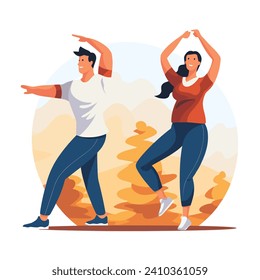 Man and woman exercising in autumn park, engaging in fitness routine with energetic movements. Joyful workout and health lifestyle vector illustration.