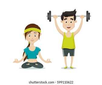 Man and woman exercising. Man with barbell. Woman practicing yoga. Fitness couple in the gym vector illustration.