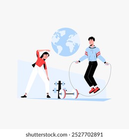 Man and woman exercising with jump rope and weights in flat vector illustration symbolizing fitness, physical activity, and health, isolated on white background.