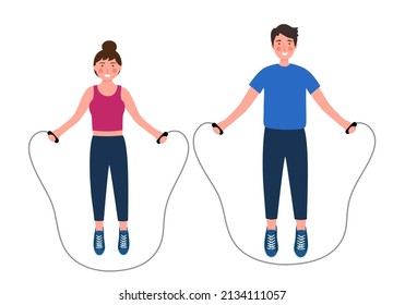 Man and woman exercising jumping rope in flat design on white background. 