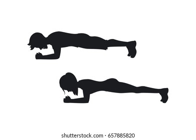 Man And Woman Exercising Silhouettes, Stand In A Plank Position