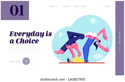 Man and Woman Exercising, Young Couple Workout Aerobics, Body Building. Male Character Lying on Back Holding Female Posture, Website Landing Page, Web Page. Cartoon Flat Vector Illustration, Banner