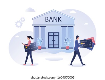 A man and a woman exit the bank building and hold credit cards with paypass in their hands. The concept of a loan, online payment, installment purchases. Vector flat illustration on a white background