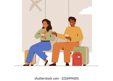 Man and woman expect for departure in airport hall. Young couple or friends drink coffee and talk for waiting their airplane. Tourists going on vacation, journey or trip. Vector illustration