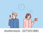 Man and woman experience problems and feel excessive fatigue in early morning or insomnia in evening. Guy and girl in pajamas are standing near clock symbolizing insomnia and breaking sleep cycles