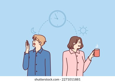 Man and woman experience problems and feel excessive fatigue in early morning or insomnia in evening. Guy and girl in pajamas are standing near clock symbolizing insomnia and breaking sleep cycles