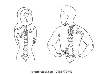 A man and a woman experiencing back pain in different places. A disease of the musculoskeletal system, manifested by thinning of the bones and cartilage of the joints. Medical vector illustration.