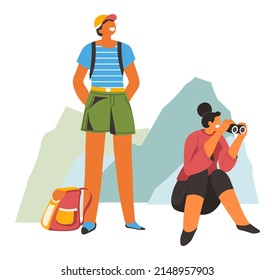 Man and woman exploring mountain ranges, couple traveling and trekking. Hiking on peak and summits. Female with binoculars looking in distance, people with backpacks on trip. Vector in flat style