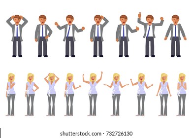 Man and woman expression. Character creation. Full length and different face and body emotion portraits on white background. Build your own design. Vector illustration eps 10