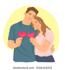 A man and a woman extend out their hearts to each other. Happy couple, relationships.