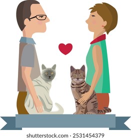 A man and woman face each other, viewed from the side, with a bright red heart between them. They pet their cats beside them. The scene is warm and romantic, with a light gray ribbon for adding text.