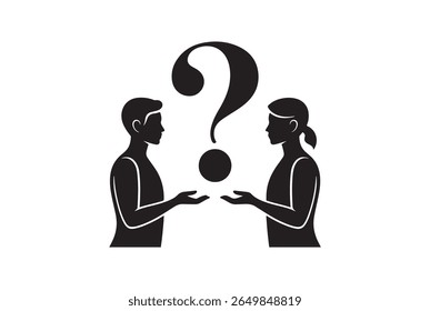 A man and a woman face each other, with a large black question mark between them. Their hands are outstretched, suggesting a shared inquiry or uncertainty, isolated on white background.