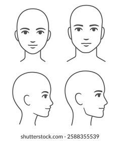 Man and woman face and head profile diagram (without hair). Blank male and female head template for medical infographic. Isolated vector illustration.