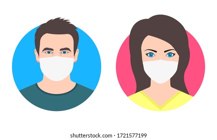 Man and Woman face icon in medical mask. Male and female person in surgical mask. People avatar design. Vector illustration.