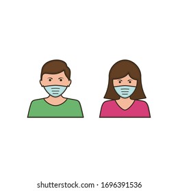 Man and woman face with mask icon, vector symbol in trendy flat style isolated on white. Coronavirus protection concept.