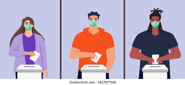 Man and Woman with Face Mask Put Vote Paper into Election Box for General Regional or Presidential Election During Pandemic Social Distancing. Big People Flat Design Cartoon Style Vector Illustration