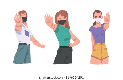 Man and Woman in Face Mask Showing Stop Virus Sign with Hand Vector Illustration Set