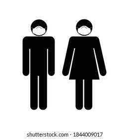 Man Woman With Face Mask Stick Figure Icon. Black And White Illustration Pictogram EPS Vector