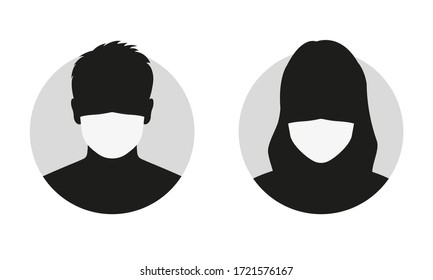 Man and Woman face silhouette in medical mask. Male and female person avatar in surgical mask. Vector illustration.