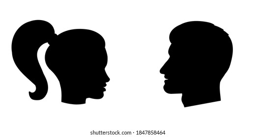 Man and woman face silhouette. Side view. Male and female profile. Boy and girl portrait. Vector illustration.