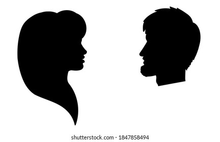 Man and woman face silhouette. Side view. Male and female profile. Boy and girl portrait. Vector illustration.