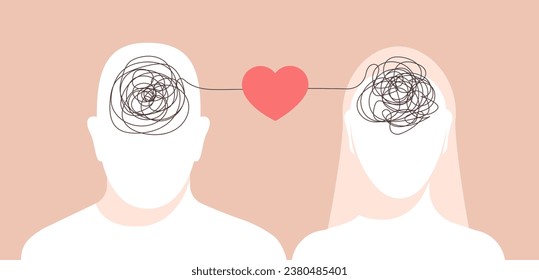 Man and woman faceless silhouettes with scribbled brains and heart shape between. Mental health and emotional confusion concept. Family problems solution. Love as treatment for messy mind. Vector.