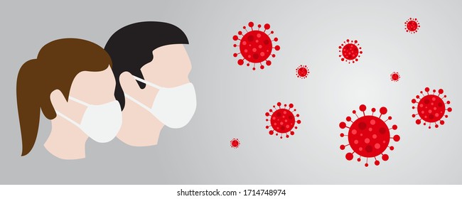 Man and Woman in facemasks on gradient gray background with coronaviruses (vector illustration)