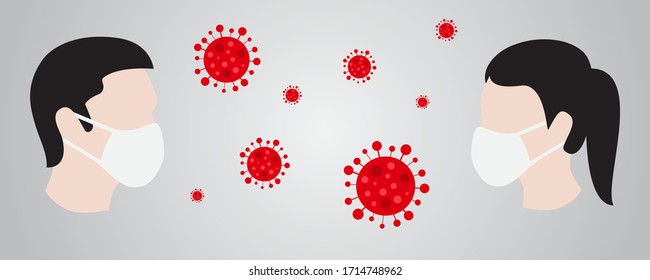 Man and Woman in facemasks opposit each other on gradient gray background with coronaviruses (vector illustration)