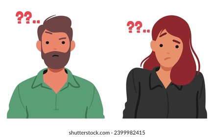 Man and Woman Faces Contorted in Confusion, Eyebrows Raised, And Lips Forming A Questioning Expression, As If Lost In Maze Of Uncertainties. Cartoon Characters Searching For Answers In their Thoughts