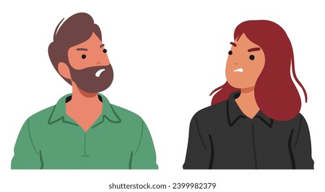 Man and Woman Faces Contorted With Rage, Brows Furrowed, Lips Tightened Into A Fierce Line, Eyes Fiery. Characters Emitted An Aura Of Intense, Unmistakable Anger. Cartoon People Vector Illustration