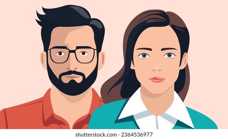 Man and woman faces - Couple portrait vector illustration with two people looking at camera. Flat design