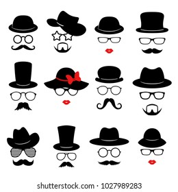 Caras de hombre y mujer. Colección de accesorios fotográficos. Fiesta retro con gafas, bigote, barba, sombreros y labios. Ilustración del vector