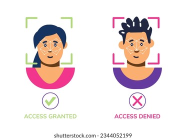 Man and woman faces with scanner flat style, vector illustration isolated on white background. Access granted and denied, biometrics and modern technologies, check and control