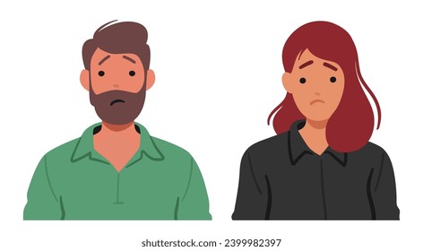 Man and Woman Faces Wore A Melancholic Expression, Eyes Reflecting Sorrow And Downturned Lips Conveying A Profound Sadness That Resonated With An Unspoken Emotional Weight. Cartoon Vector Illustration