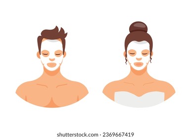 Man and woman with facial mask isolated on white background. Healthy beauty clean treatment. Fashion cosmetics skincare. Vector stock