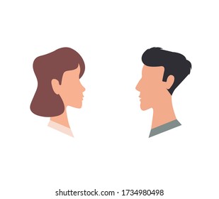 Man and woman facing each other, head, neck, isolated on a white background. Vector illustration, flat cartoon design, eps 10.