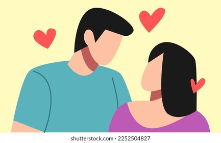 man and woman fall in love. stare at each other. half body. heart icon, love. concept of couple, love, affection. vector illustration in flat style.