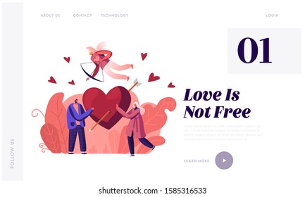 Man and Woman Fall in Love Website Landing Page. Young Couple Share Huge Red Heart Pierced with Arrow. Cupid Flying in Sky with Bow Aiming to People Web Page Banner. Cartoon Flat Vector Illustration