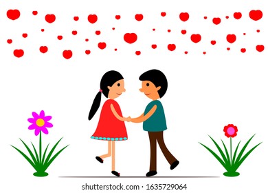 Man and woman fall in love. Young couple holding hands with red heart for lover romantic and valentine's day background. Vector illustration romance style.