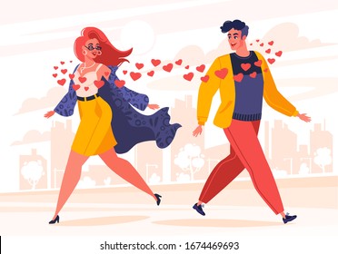 Man and woman fallen in love. Love at first sight. Flat cartoon style. Saw each other on the city street. Vector illustration with hearts and stylish modern character on love and relationship theme.