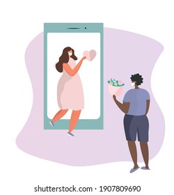 Man and Woman Fallen in Love. Love at First Sight.Girl and Boy on First Dating during Quarantine. Attractive Man is Carrying Bouquet of Flowers for the First Online Date.Flat Vector Illustration