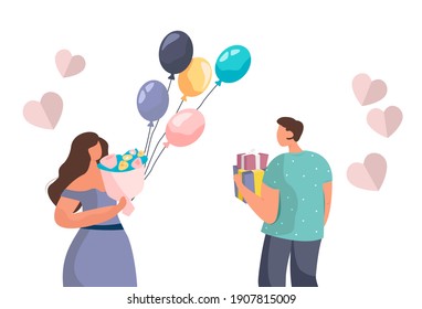 Man and Woman Fallen in Love. Love at First Sight.Girl and Boy on First Dating.Relationship Theme.Attractive Man is Carrying Bouquet of Flowers for the First Date with Girl.Flat Vector Illustration