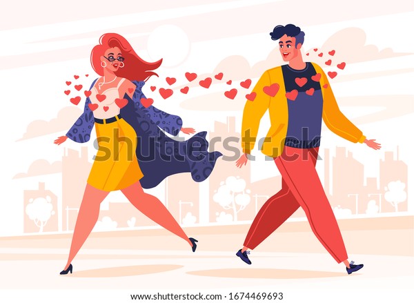 Man and woman fallen in love. Love at first sight.\
Flat cartoon style. Saw each other on the city street. Vector\
illustration with hearts and stylish modern character on love and\
relationship theme.